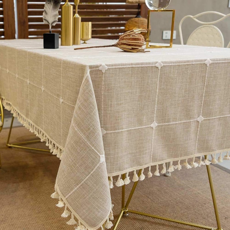 DEEPDREAM Deep Dream Tablecloths, Embroidered Waterproof Checkered Table Cloth Cotton Linen Wrinkle Free Anti-Fading Table Cover Decoration for Kitchen Dinning Party Christmas, 55 x 55 Inch - Light Brown - Image 1